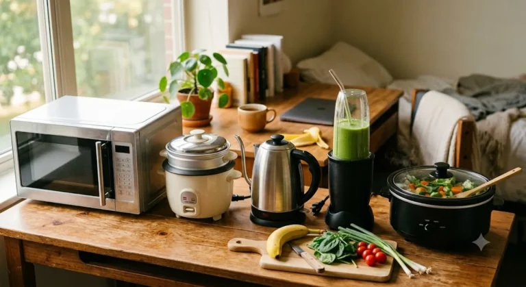 Five compact dorm kitchen appliances arranged on a college desk: microwave, mini rice cooker, electric kettle, personal blender, and electric hot pot