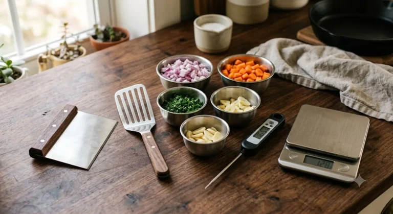 Professional chef kitchen tools including a bench scraper, fish spatula, thermometer, and prep bowls arranged on a countertop