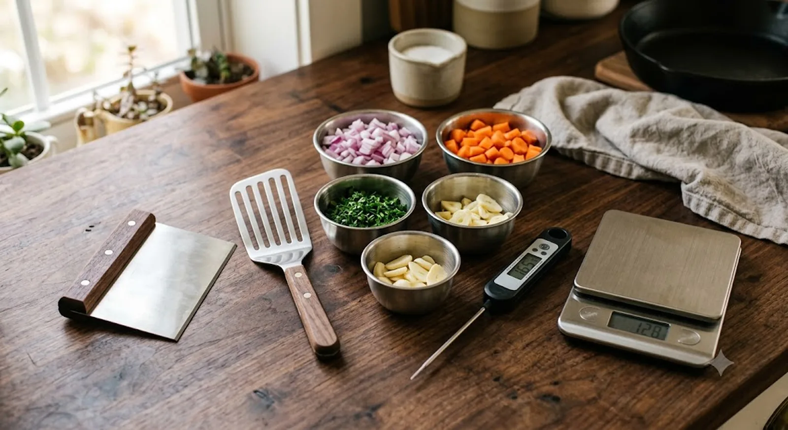 Professional chef kitchen tools including a bench scraper, fish spatula, thermometer, and prep bowls arranged on a countertop