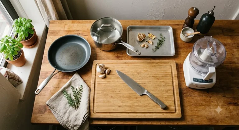 Right-sized kitchen tools for a one-person household on a small wooden countertop