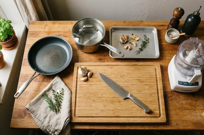 Right-sized kitchen tools for a one-person household on a small wooden countertop