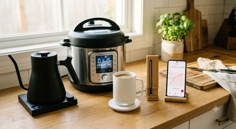 Smart kitchen gadgets on a counter: gooseneck kettle with temperature display, multi-cooker, heated smart mug, and wireless meat thermometer next to a smartphone cooking app