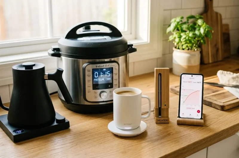 Smart kitchen gadgets on a counter: gooseneck kettle with temperature display, multi-cooker, heated smart mug, and wireless meat thermometer next to a smartphone cooking app