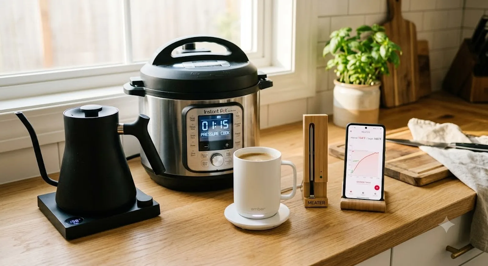 Smart kitchen gadgets on a counter: gooseneck kettle with temperature display, multi-cooker, heated smart mug, and wireless meat thermometer next to a smartphone cooking app