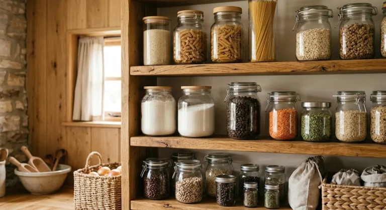 Glass storage jars and canisters filled with pantry staples on open kitchen shelves