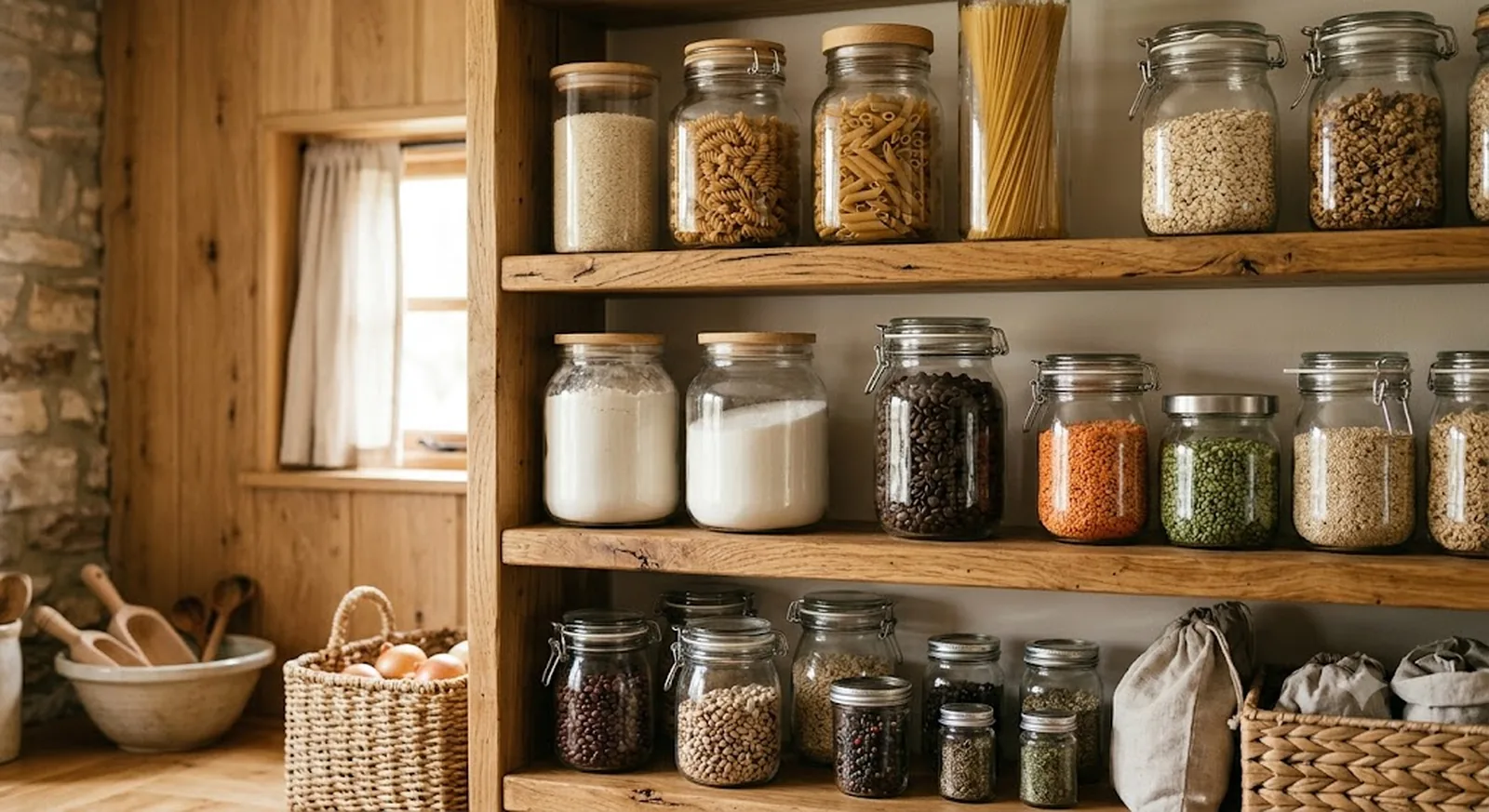 Glass storage jars and canisters filled with pantry staples on open kitchen shelves