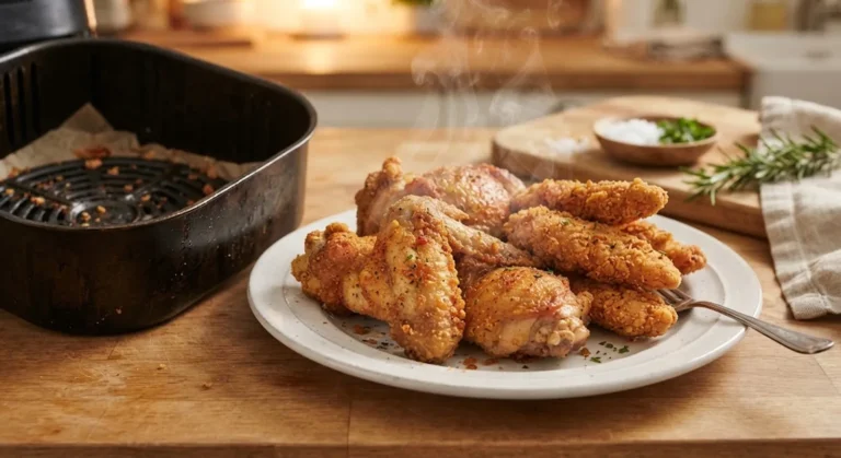 Crispy golden air-fried chicken pieces on a plate