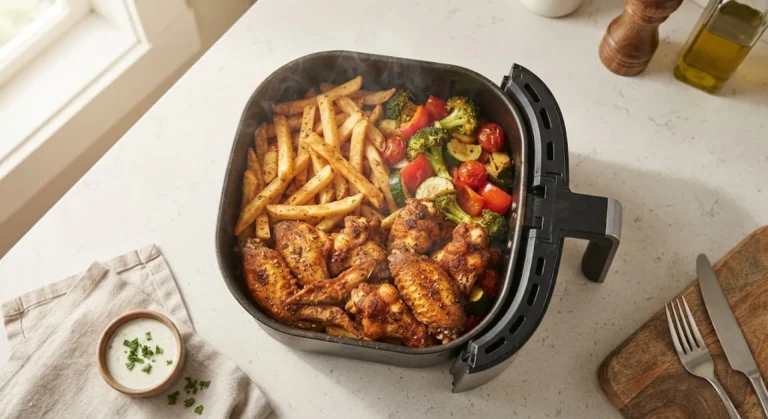 Air fryer basket filled with chicken wings, roasted vegetables, and fries