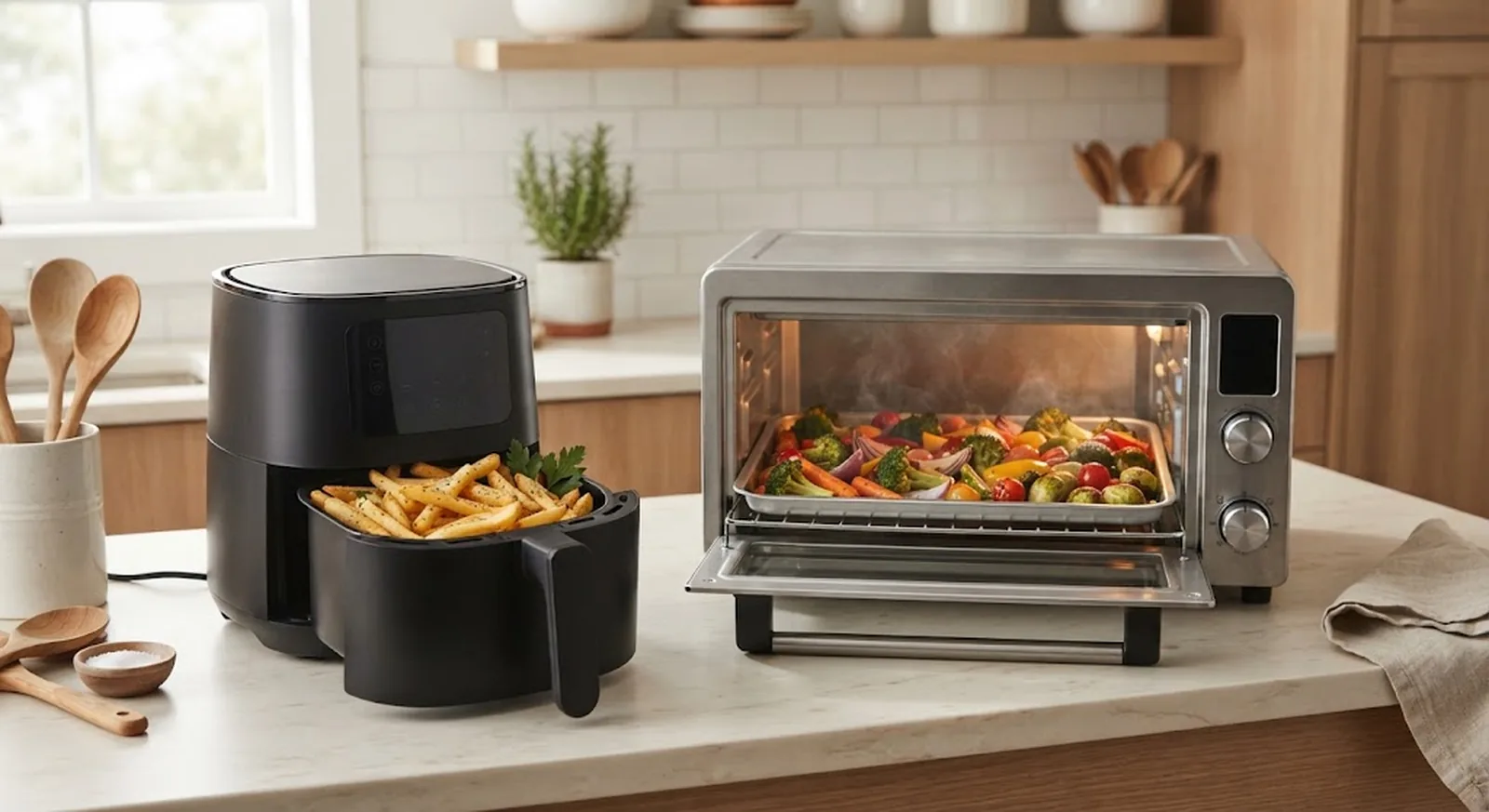 A basket air fryer and a countertop convection oven side by side on a kitchen counter