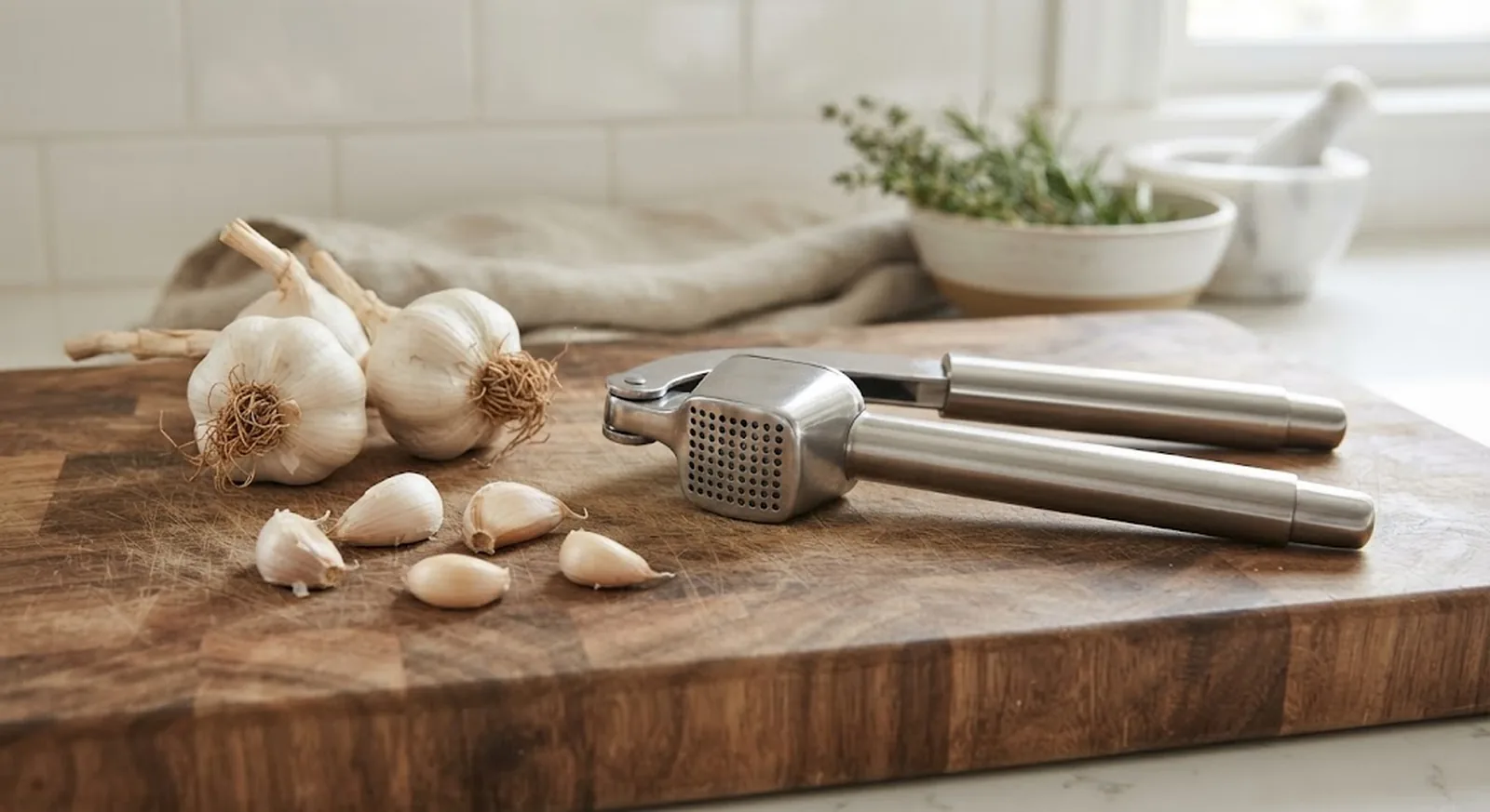 Stainless steel garlic press on a wooden cutting board with garlic bulbs and cloves