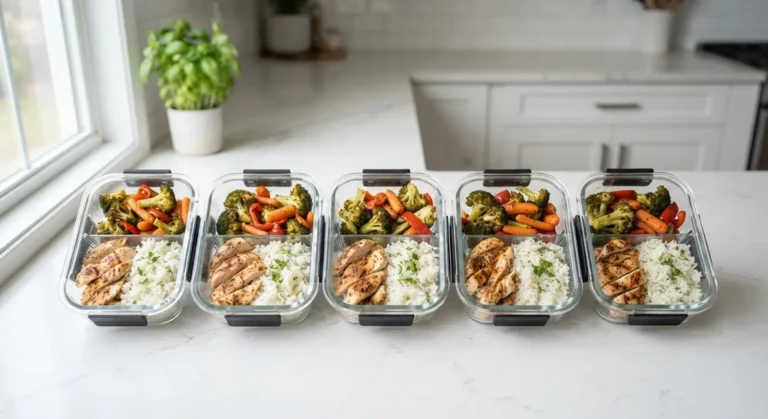 Five portioned glass meal-prep containers arranged in a grid on a kitchen counter