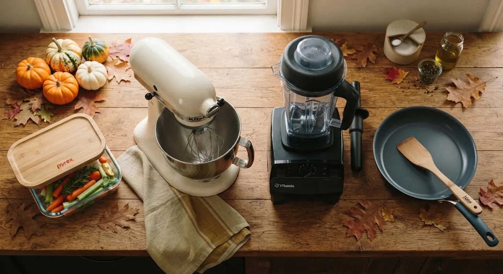 Kitchen essentials including a blender, pan, stand mixer, and storage container with autumn accents
