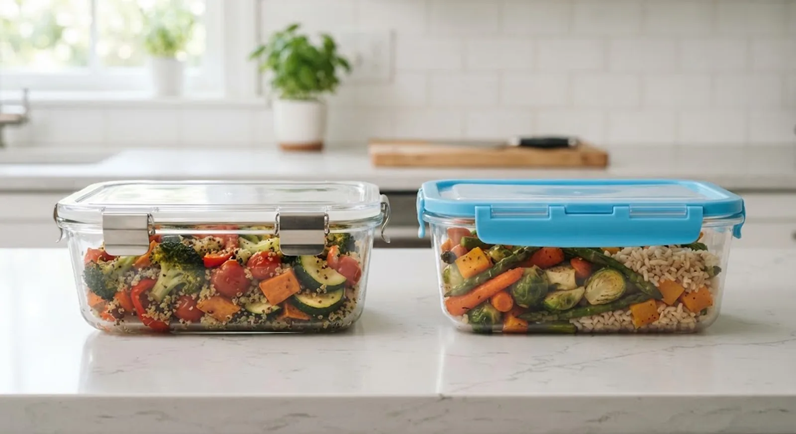 Glass and plastic food storage containers side by side on a kitchen counter