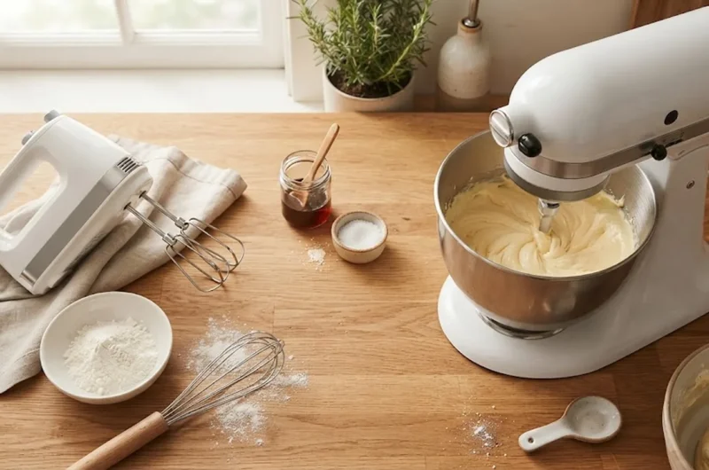 A hand mixer and a stand mixer side by side on a kitchen counter, comparing the two types of mixers