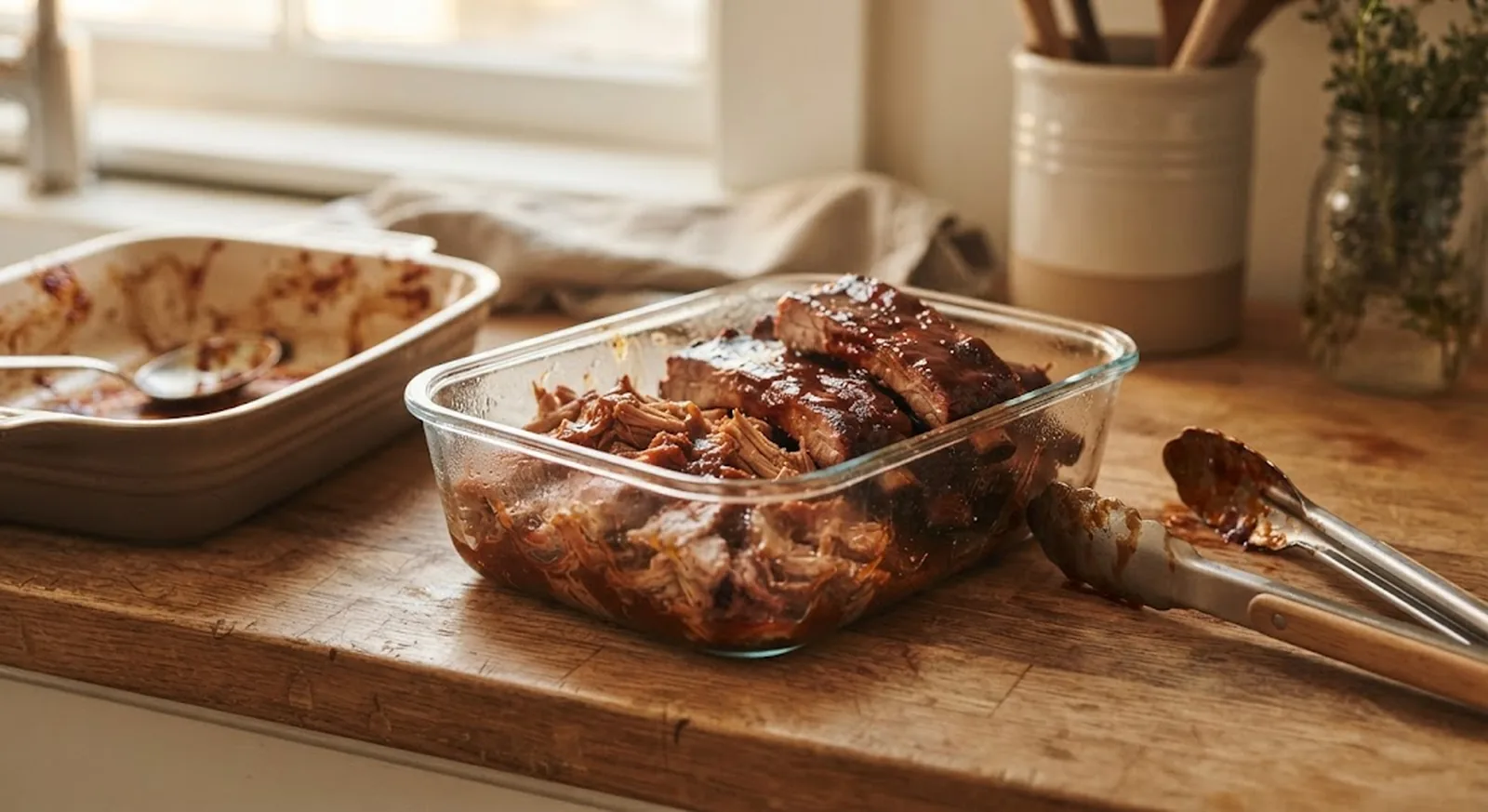 Leftover barbecue pulled pork and ribs being portioned into a glass storage container
