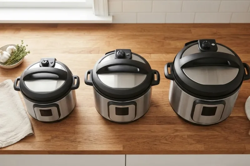 Three electric multi-cookers in ascending sizes on a kitchen counter, illustrating small, medium, and large Instant Pot size options