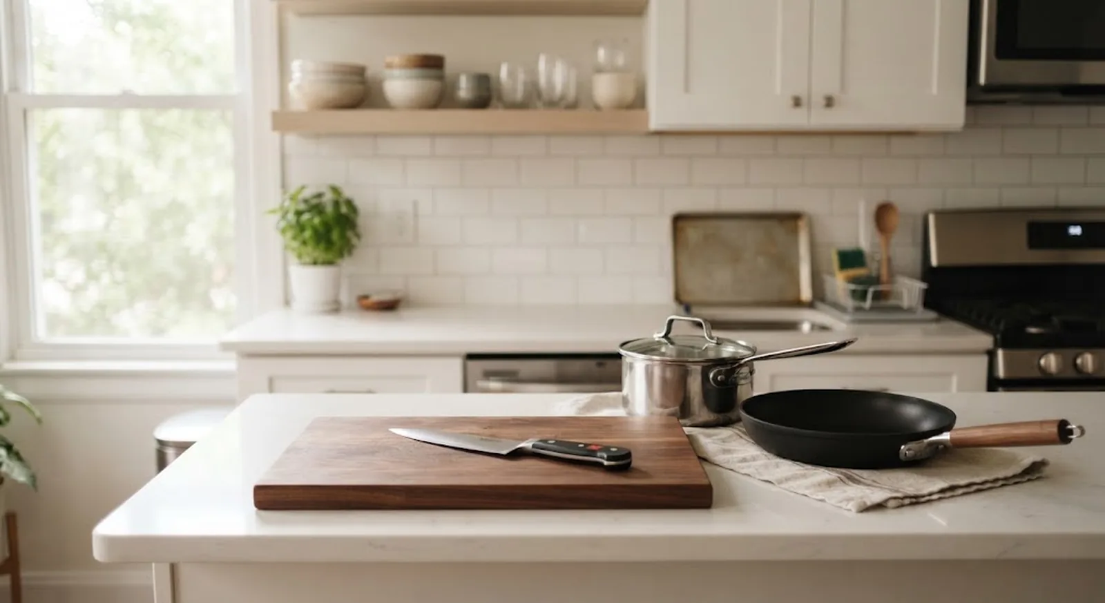 Essential cookware arranged on a small first-apartment kitchen counter