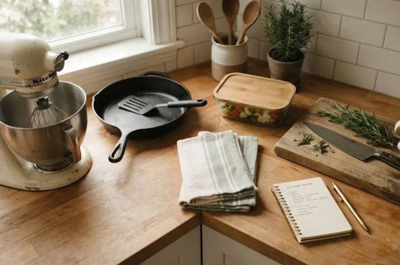 Flat-lay of curated kitchen gear including a stand mixer, cast iron skillet, and cutting board on a kitchen counter