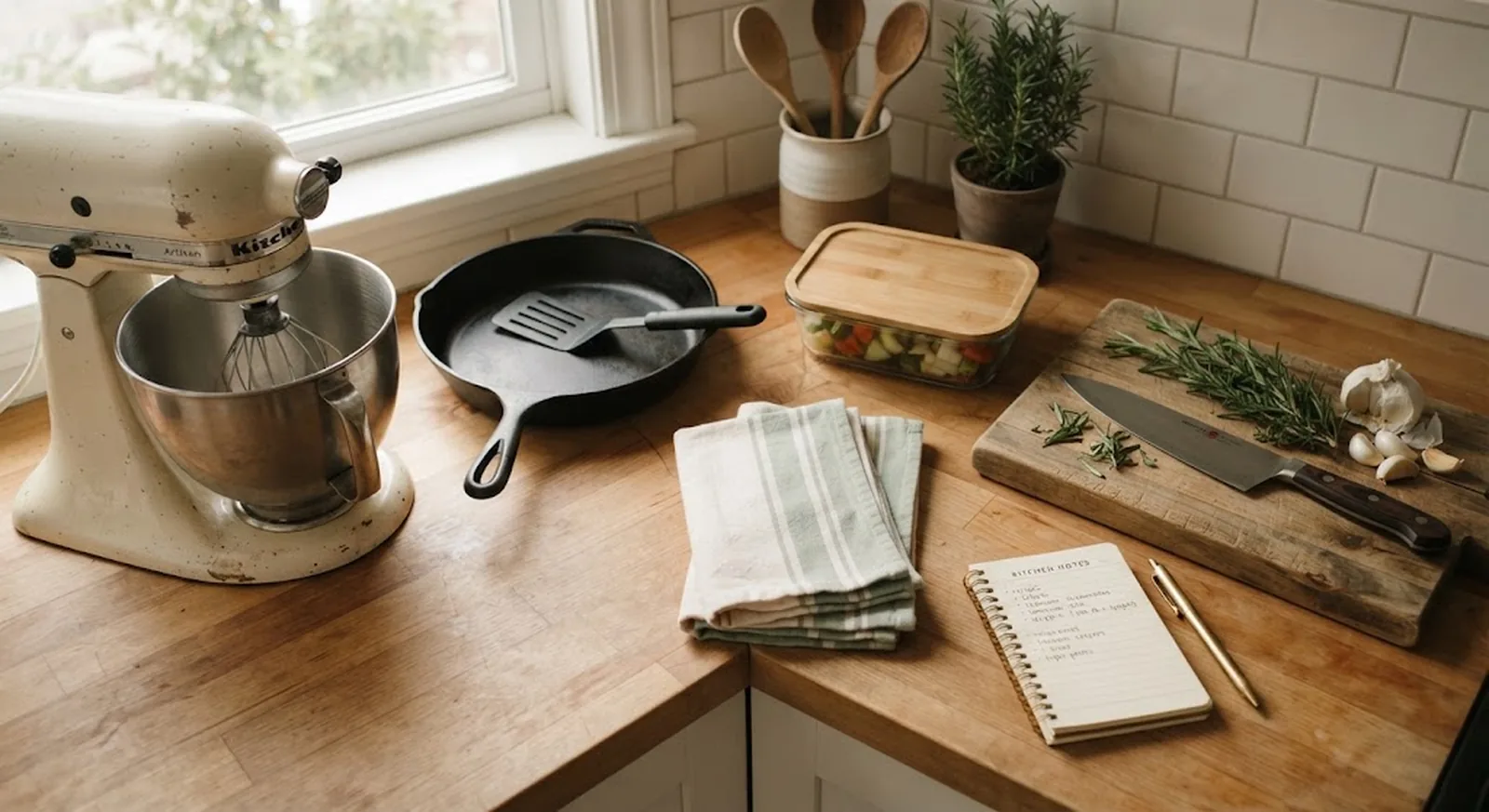 Flat-lay of curated kitchen gear including a stand mixer, cast iron skillet, and cutting board on a kitchen counter