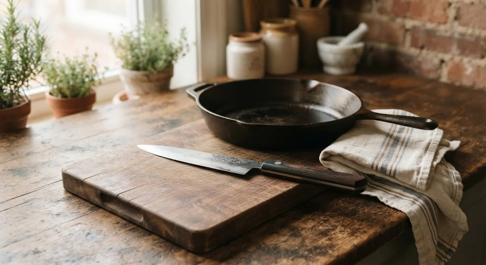 A cast iron skillet, chef's knife on a cutting board, and folded kitchen towel