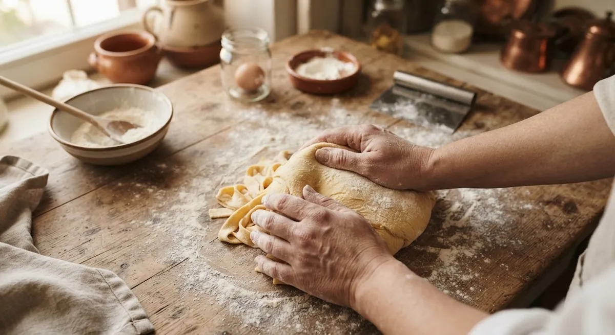 kneading fresh pasta dough before rolling