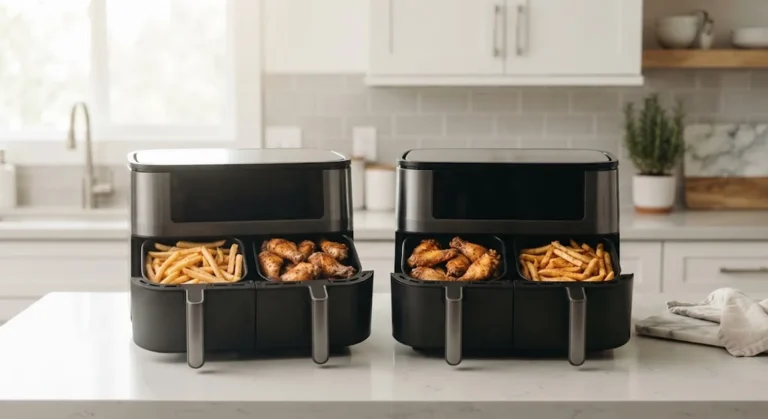 Two dual-basket air fryers side by side on a kitchen counter