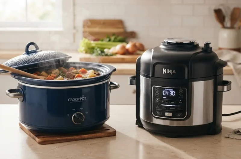 A ceramic slow cooker and a modern electric multi-cooker side by side on a kitchen counter