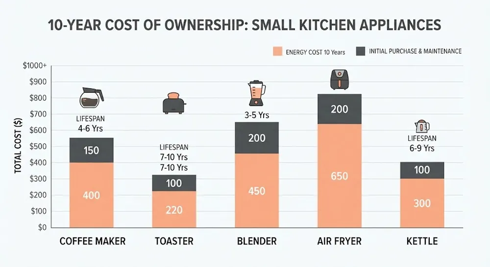 small kitchen appliance energy and lifespan cost comparison chart
