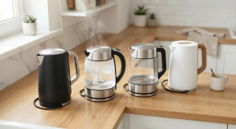 Four budget electric glass kettles compared on a kitchen counter