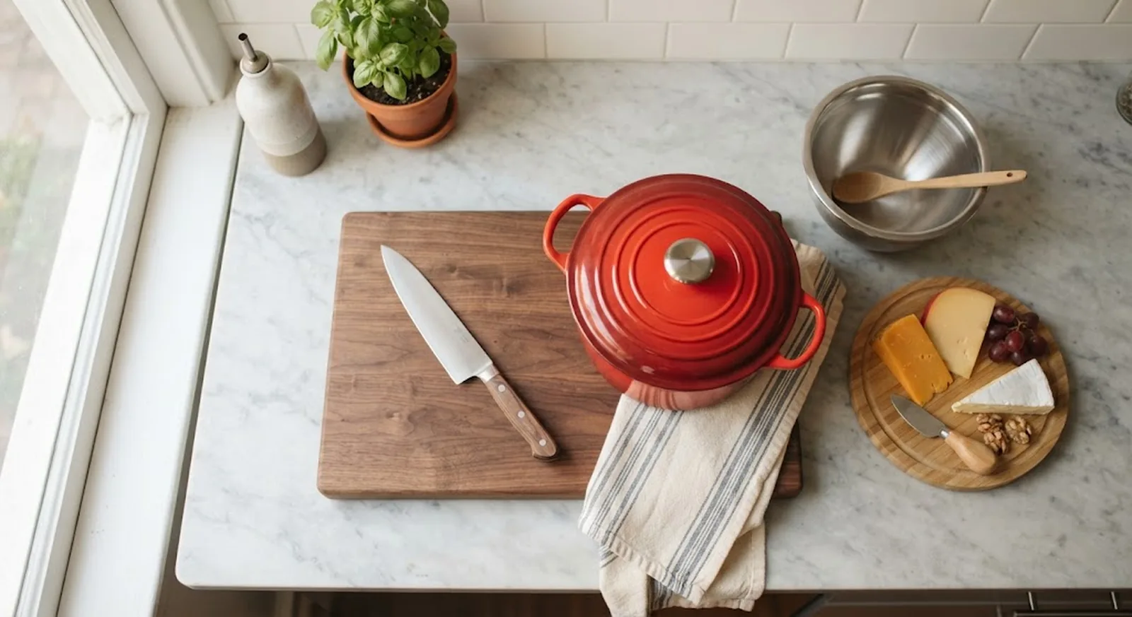 Kitchen gift items for home cooks styled on a counter: chef's knife, Dutch oven, cheese board, mixing bowl