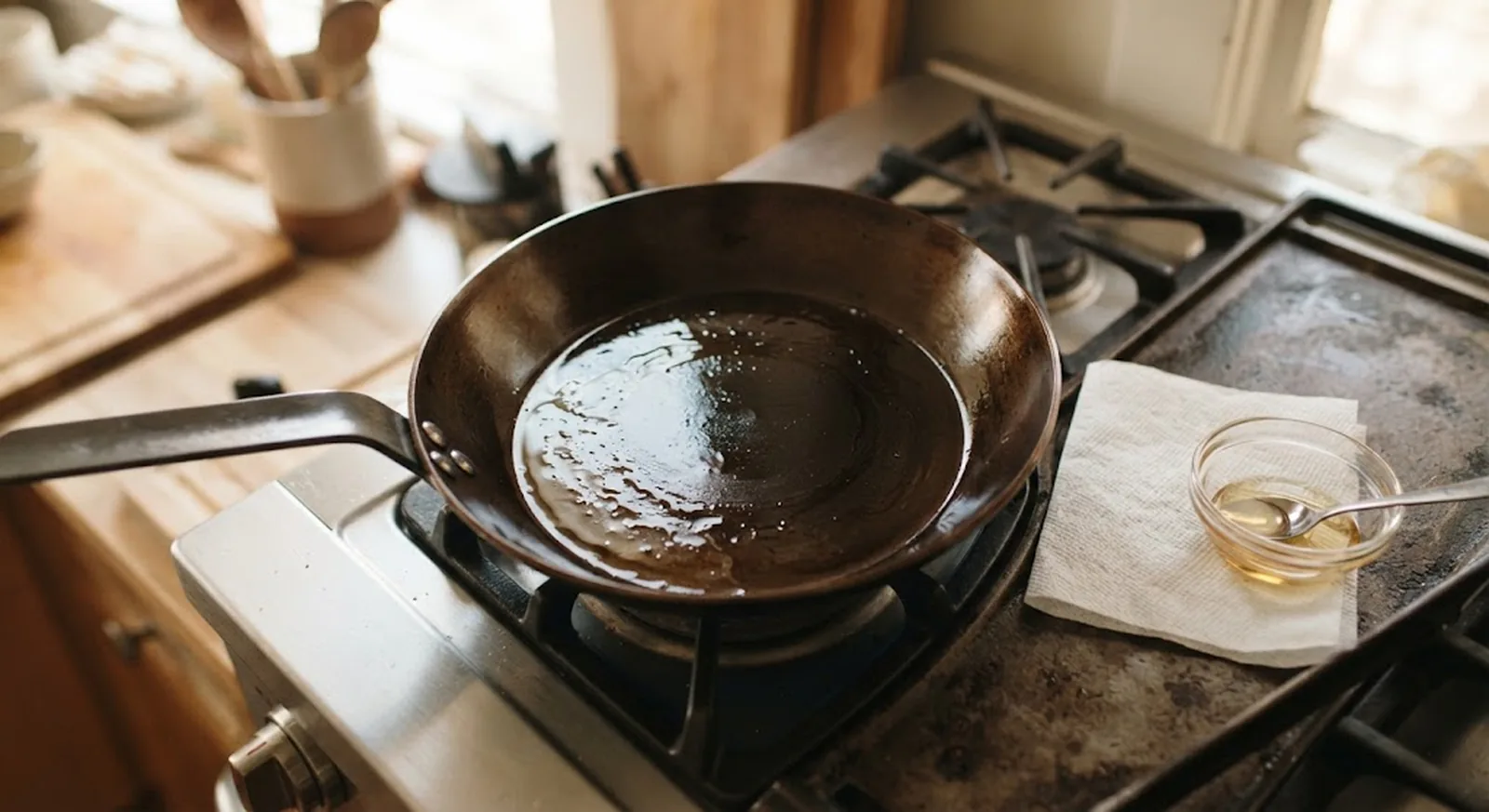 how to season a carbon steel pan on a stovetop burner