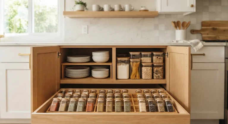 Organized kitchen cabinet and drawer showing fixes for common kitchen storage mistakes