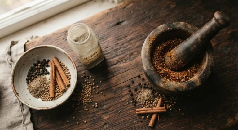 Faded jar of pre-ground spices next to whole spices and a mortar and pestle with freshly ground spice