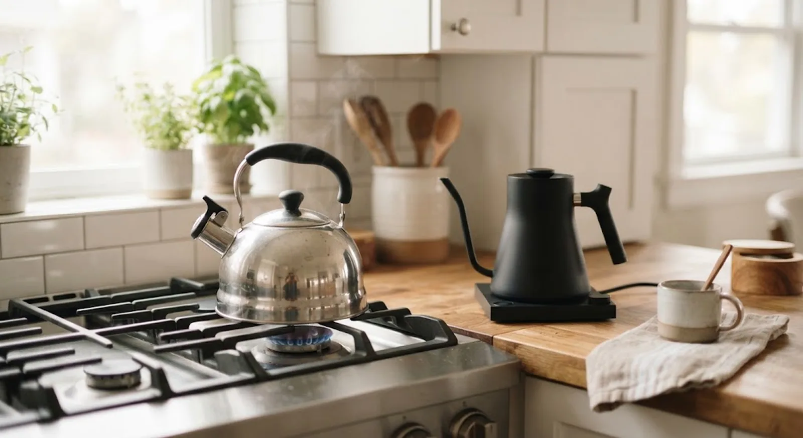Stainless steel stovetop kettle next to a black electric kettle on a kitchen counter