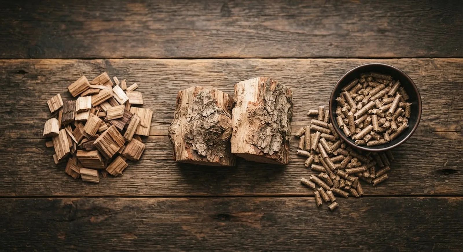 Wood chips, chunks, and pellets for smoking meat side by side
