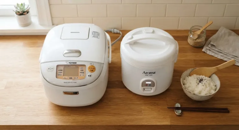 Premium fuzzy-logic rice cooker next to a basic budget rice cooker on a kitchen counter